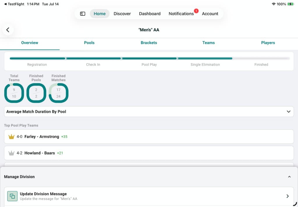 Völli-UP division overview with live progress and top pool teams