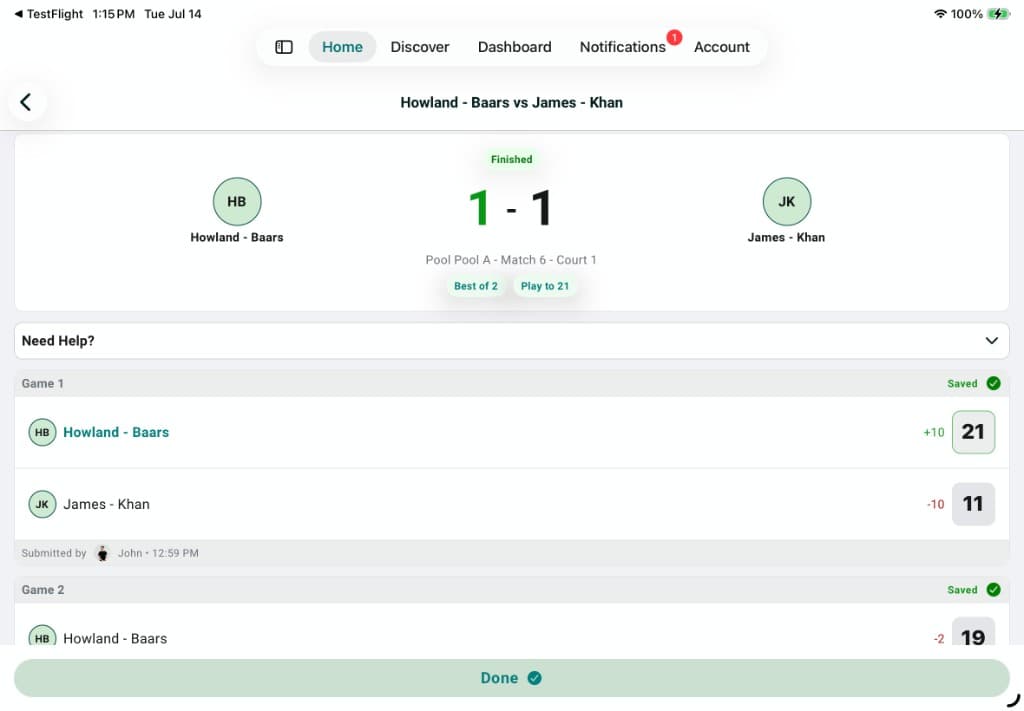 Völli-UP match results screen with game-by-game scores