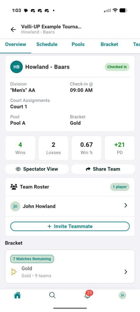 Völli-UP player team overview with checked-in status and live stats
