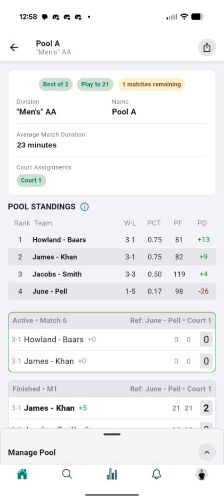 Völli-UP app showing live pool standings and active match